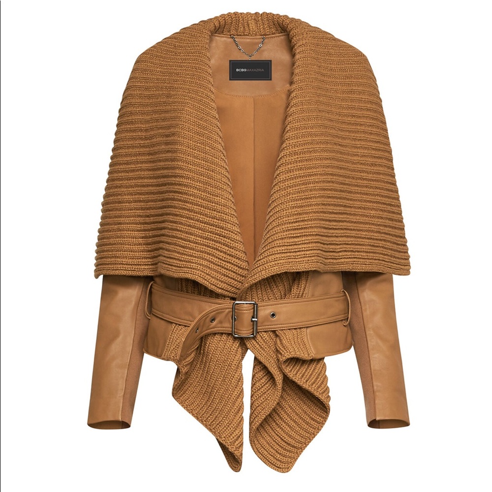 BCBGMAX Caramel Lamb Leather Wrap Coat